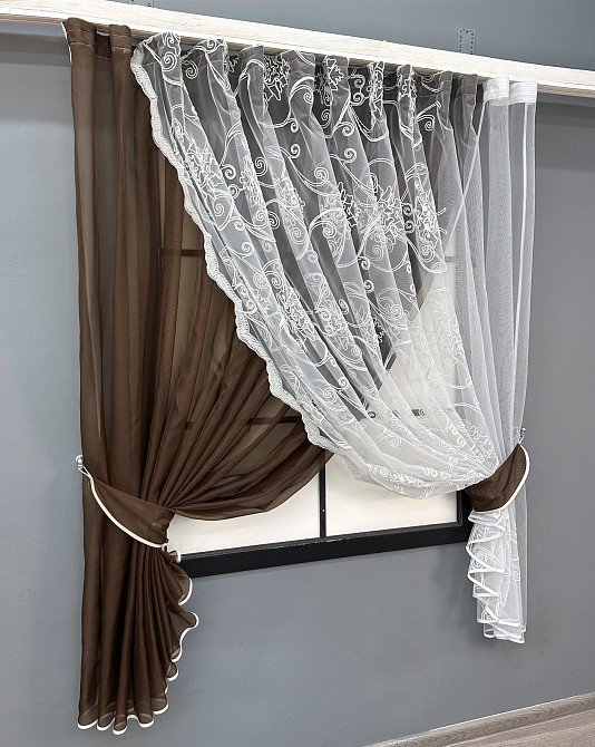 Кухонні шторки VR-Textil № 101к з підв'язками венге з білим 330х170 см (52-1195) Київ - фото 2
