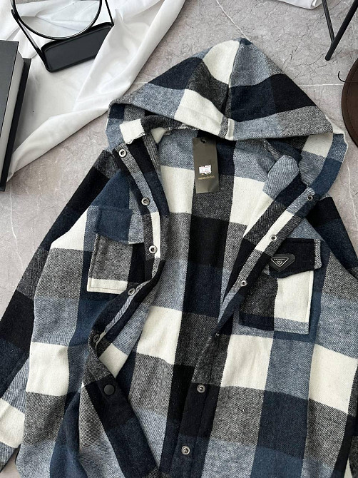 Женская повседневная оверсайз рубашка в клетку с капюшоном турецкий кашемир Джинс, 42/46 Одесса - изображение 5