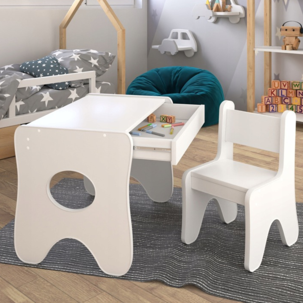 Набір дитячих меблів столик з ящиком та стільчик 70×45×51, стіл та стілець для дітей, білий з деревом 1, Білий, ламінована ДСП, № 1, ДСП, ДСП Київ - фото 1