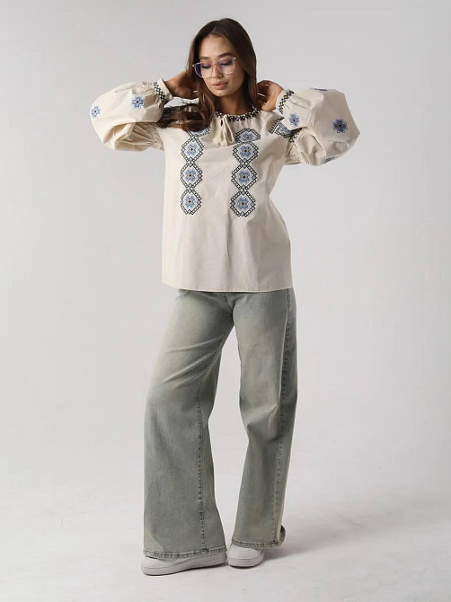 Женская стильная современная вышиванка с завязками 80% хлопок, 20% полиэстер 46 Одесса - изображение 2