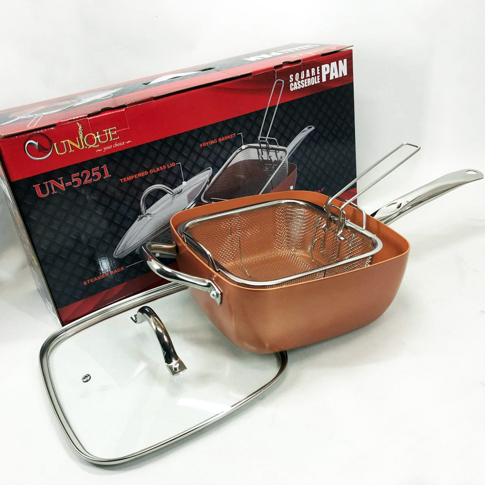 Сковорода-фритюрниця UNIQUE UN-5251 квадратна антипригарна з пароваркою та каструлею + скляна кришка 24 см IE-51 Львів - фото 16
