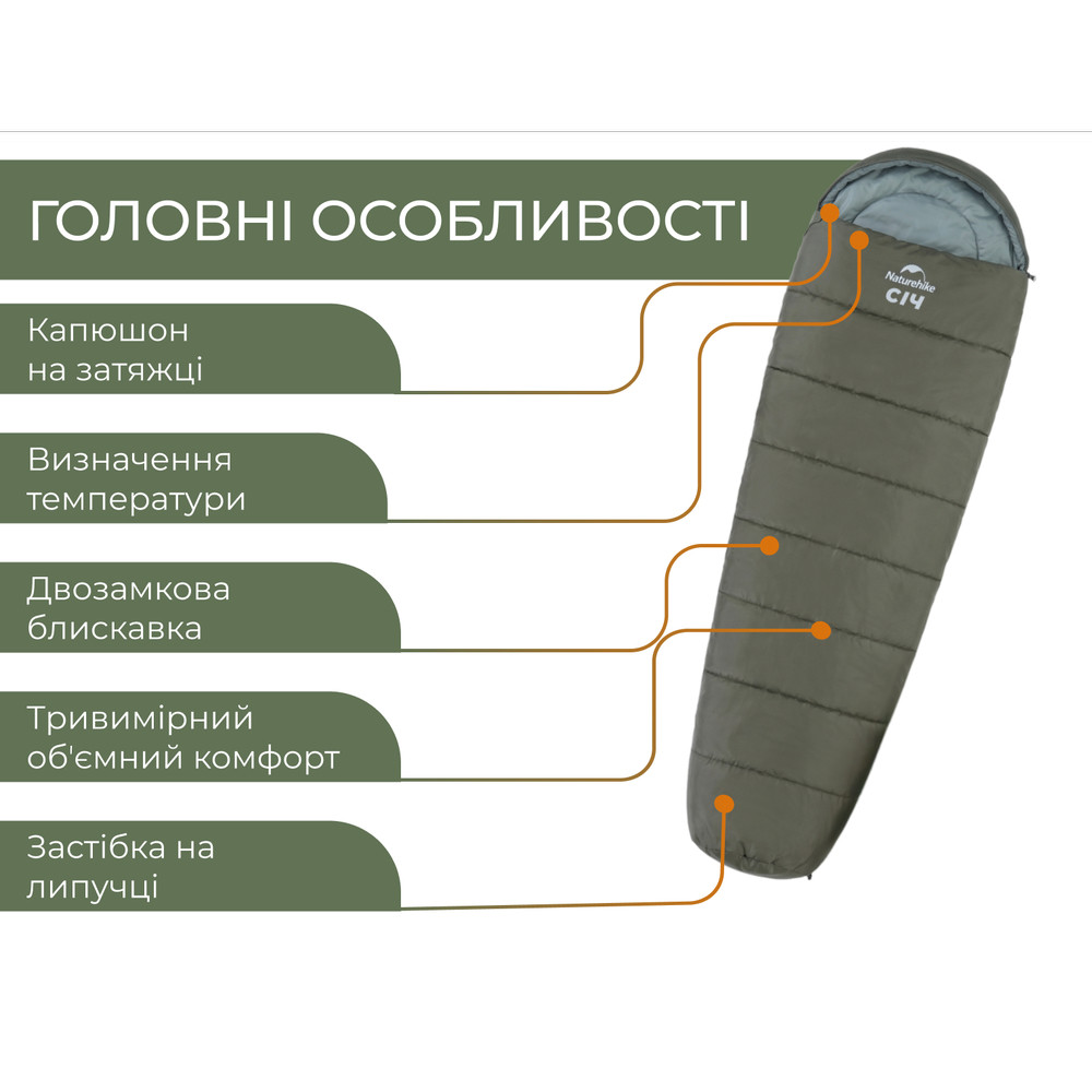 Спальник з капюшоном Naturehike CNK2300SD014 MJ600 Січ, зелений Киев - изображение 17