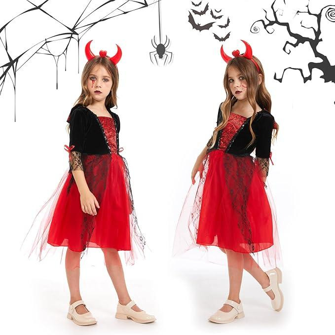 Костюм платье вампира чёртика для девочек красное, комплект на Хэллоуин обруч с рожками наклейки на 105-115 см Киев - изображение 10