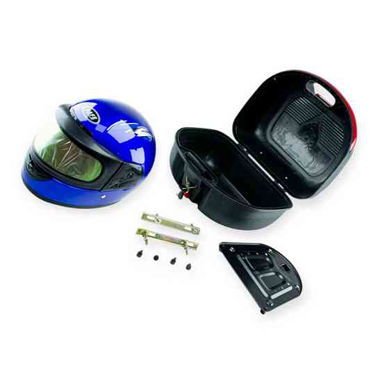 Багажник (кофра) пластик большая (38,5*34*26см) + шлем с бородой, воротником и возором мото Мукачево