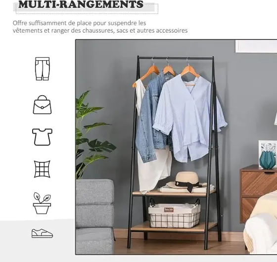 Универсальная прочная напольная передвижная стойка вешалка для одежды с деревянными полками Коломия