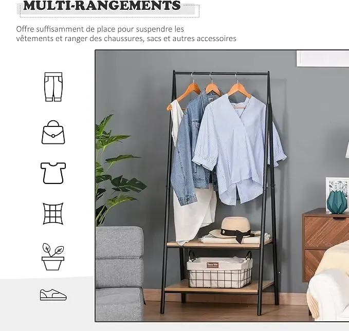 Универсальная прочная напольная передвижная стойка вешалка для одежды с деревянными полками Коломия - фото 3