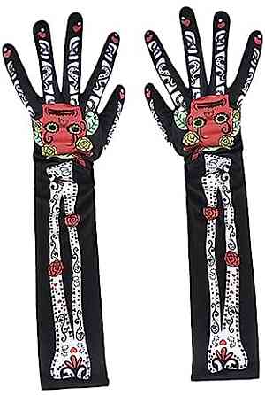Рукавички для рук високі мексиканській прінт Череп Хелловін 38 см чорні Київ