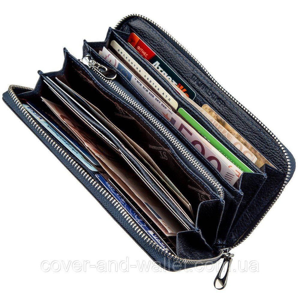 Кожаный кошелек на змейке большого размера синего цвета ST Leather Киев - изображение 4