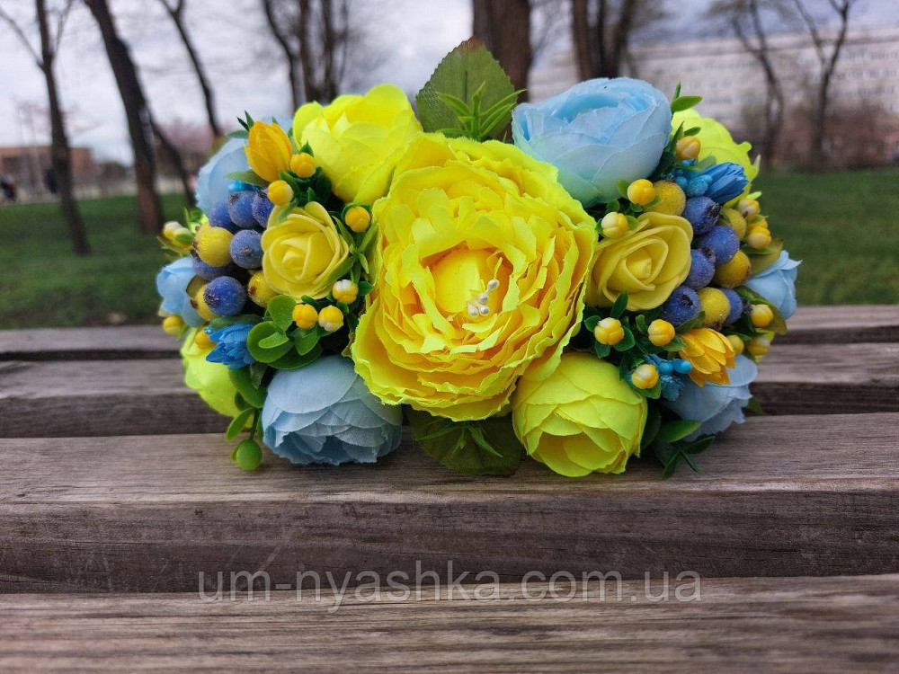 Ободок обруч з квітами "Піони великий жовто-блакитний" Кривий Ріг - фото 4