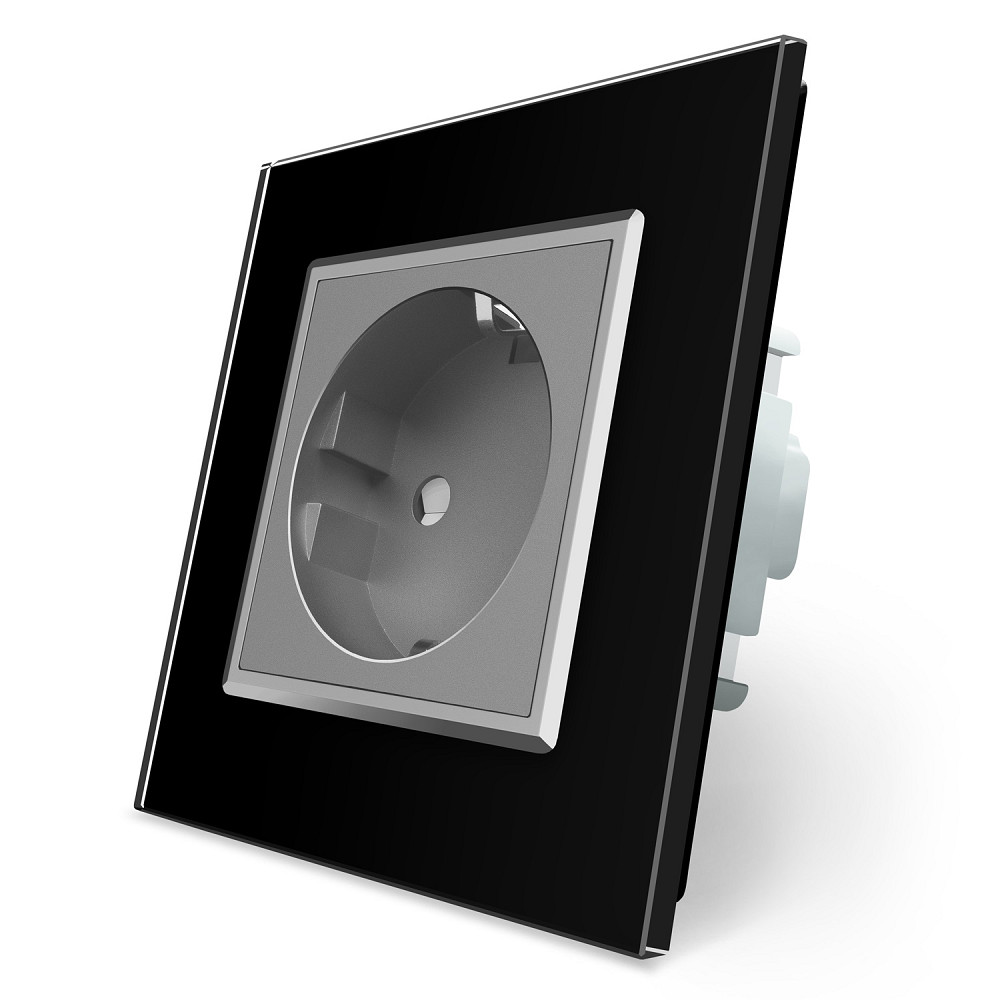 LIVOLO Електрична розетка з заземленням LIVOLO, сіра з чорною рамкою, шторки, скло, 250В 16А (V Коломия - фото 1