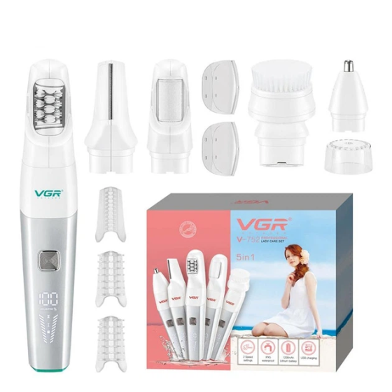 Епілятор акумуляторний 5в1 VGR V-752 IPX5 (тример, тример для носа, пемза, щітка) Зелений Київ