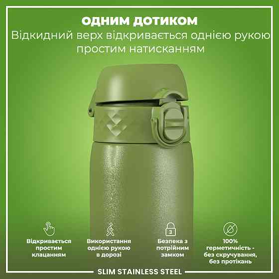 Пляшка для води металева ION8 600 мл. Stainless Steel, Khaki Green Кам'янське