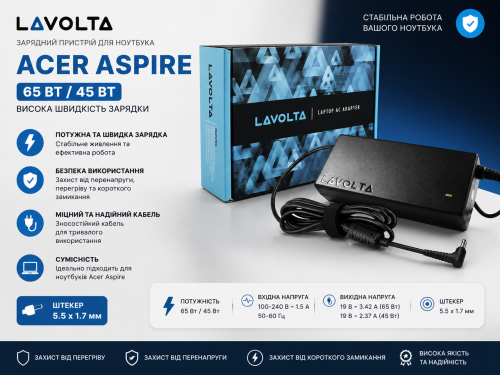 Зарядний пристрій для ноутбука Acer Aspire (Lavolta) 65 Вт / 45 Вт, штекер 5.5x1.7 мм, висока швидкість зарядки Київ - фото 9