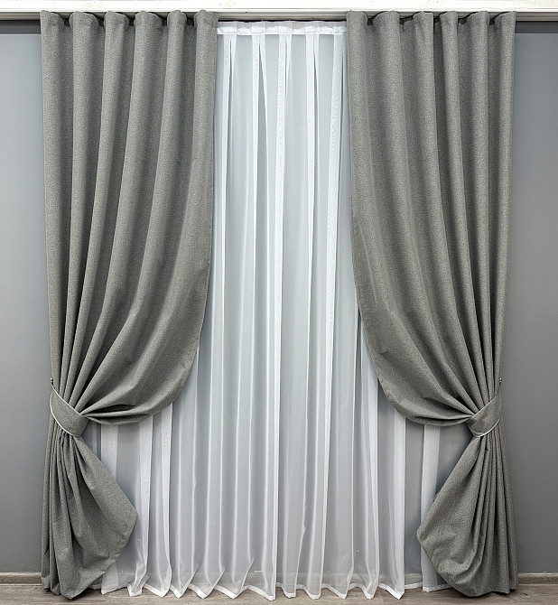 Комплект готовых штор VR-Textil Лен блэкаут № 1821ш Серый 150х270 см 2 шт (33-0822) Киев - изображение 2