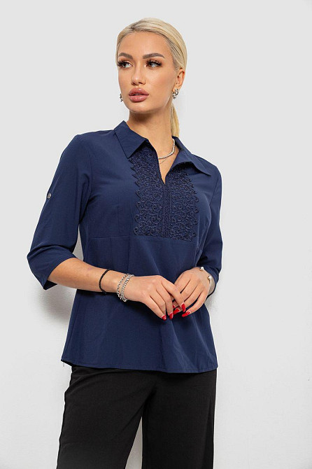 Блуза однотонная, хлопчатобумажная с лайкрой, кружевом, V-вырез, рукав 3/4, прямой крой, Синий, XS Лубны - изображение 8