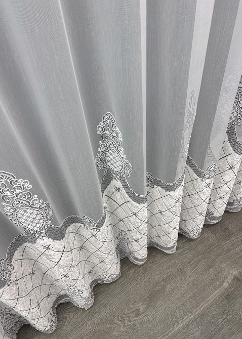 Тюль бамбук с вышивкой и бархатом цвет белый с серым 1811т Киев - изображение 6