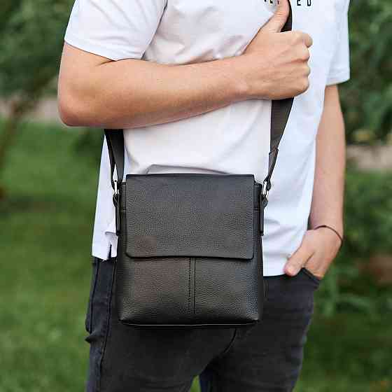 Кожаная мужская сумка-месенджер через плечо черная Tiding Bag 48450 Каменское