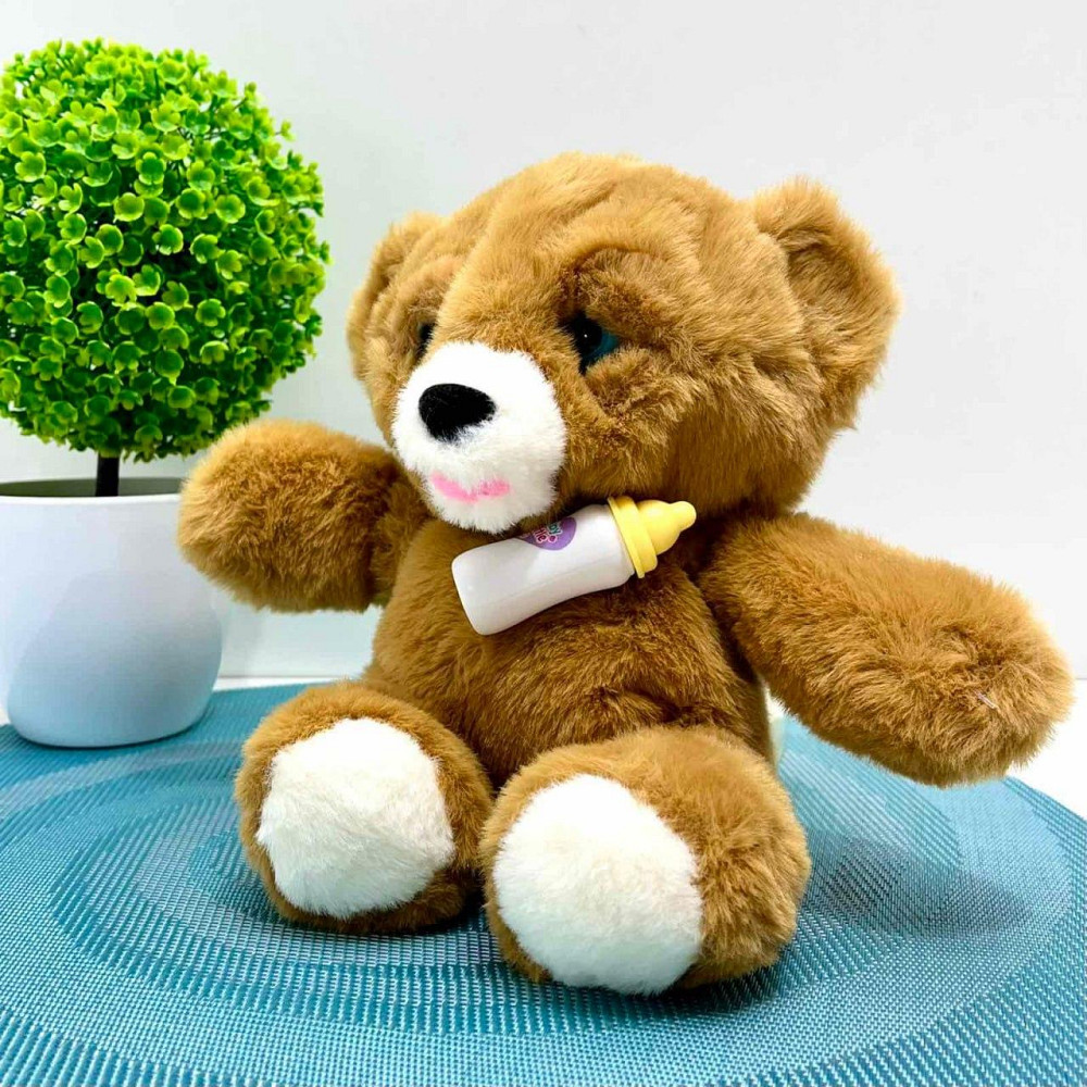 Ведмедик інтерактивний м'який пляшечка в комплекті моргає сенсорний та магнітний датчик звук 24см Коричневий (933-216 E) Чернигов - изображение 1