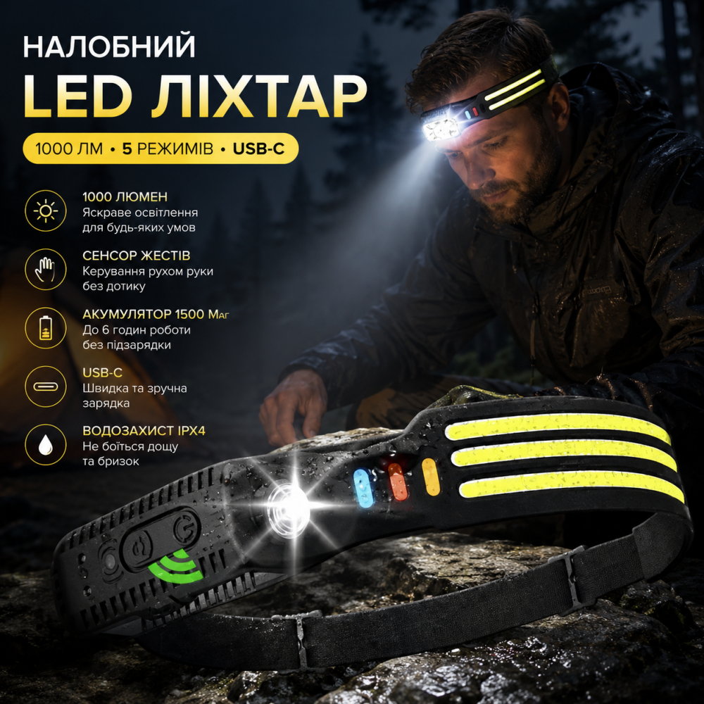 Налобний LED ліхтар Ruideas White 1000 Лм, USB-C, акумулятор 1500 мАг, сенсор жестів, 5 режимів, водозахищений, налобний ліхтарик Київ - фото 11