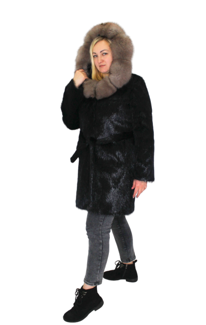 Шуба женская из стриженой нутрии и соболя с капюшоном р 46 длина 90см Харьков - изображение 1