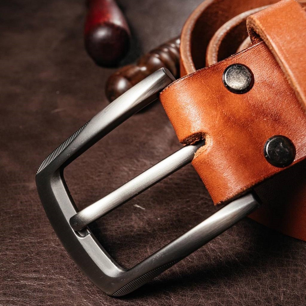 Ремінь чоловічий з натуральної шкіри для джинсів, шкіряний пояс з тисненням Герб, коричневийMasterSem Київ - фото 5