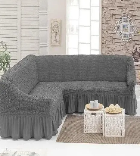 Кремовый Турецкая накидка на угловой диван с оборкой, натяжной чехол на диван Коломыя - изображение 5