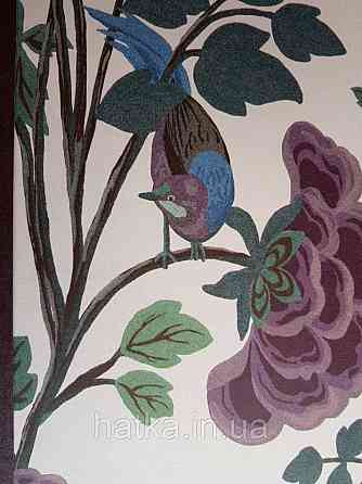 Шпалери флізелінові Decoprint 0.53х10 екологічно чисті Daimon квіти листя птаха рожеві сині на світло-рожевому Київ