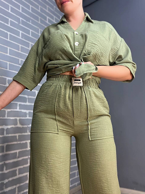 Костюм женский Mix Ray 4157 рубашка оверсайз брюки с разрезами по бокам ровные от бедра хаки, хаки, L Киев - изображение 8
