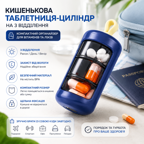 Кишенькова таблетниця-циліндр на 3 відділення (Ранок/День/Вечір), Синя, Компактний органайзер для вітамінів Київ