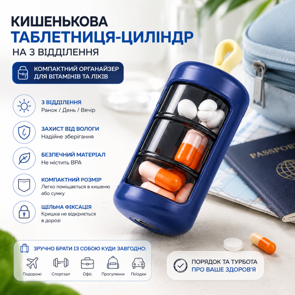 Кишенькова таблетниця-циліндр на 3 відділення (Ранок/День/Вечір), Синя, Компактний органайзер для вітамінів Київ - фото 1
