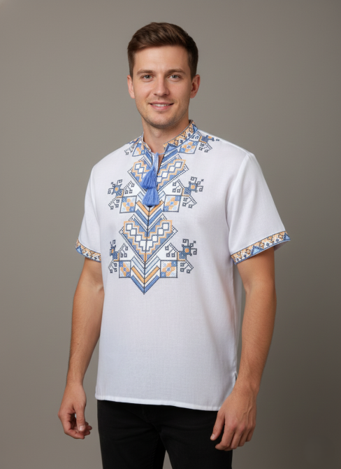 Мужская вышиванка на белом домотканом полотне на короткий рукав. 58 Киев - изображение 1