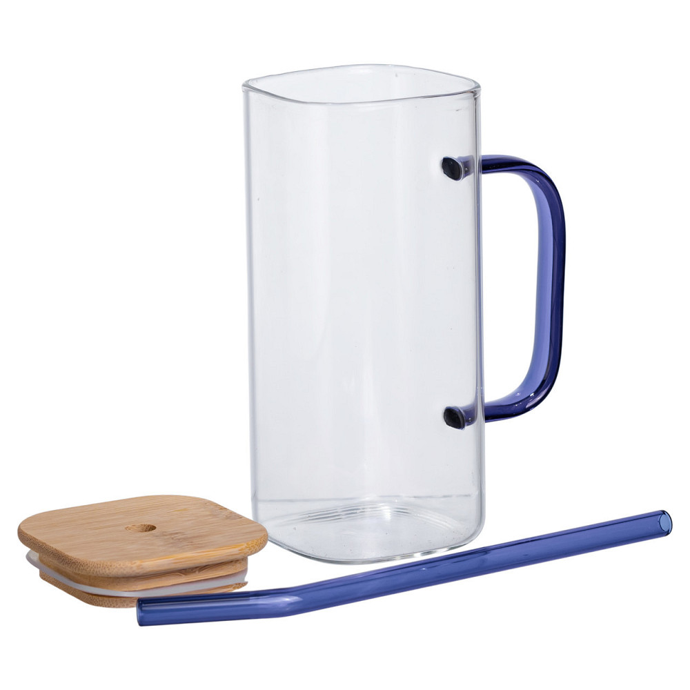 Скляна чашка 400 мл з бамбуковою кришкою і синьою трубочкою HP-19-146BL SBR Київ - фото 3