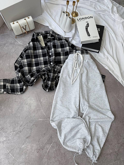 Женский повседневный костюм двойка: рубашка в клетку и штаны фланель + двунитка Черный, 48/52 Одесса - изображение 4