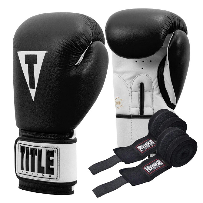 Боксерські рукавиці TITLE Premier Leather Black/White XL 16 oz (бинти 4м. в комплекті) Кам'янське - фото 1
