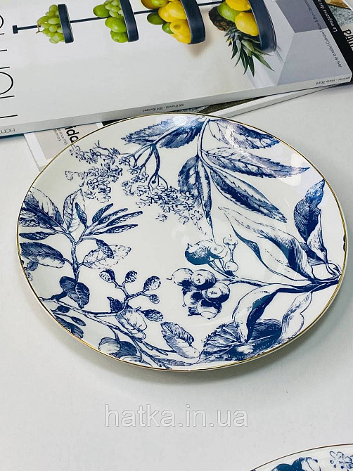 Тарілка порцеляна Olens Братислава 20 см кругла біла із синім золотим обідком кругла для дому та ресторану Київ - фото 1