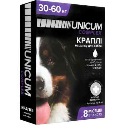 Капли для животных Unicum COMPLEX от блох, клещей и гельминтов на холку для собак 30-60 кг/4 шт (4820150207342) Винница