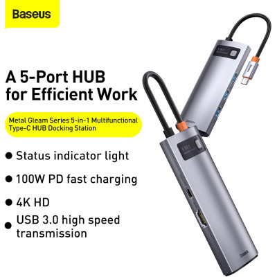 Концентратор Baseus USB3.1 Type-C to USB Type C PD 100W/HDMI 4K 60 Hz/3*USB 3.2 Gen1/ 5in1 (CAHUB-CX0G) Вінниця - фото 7