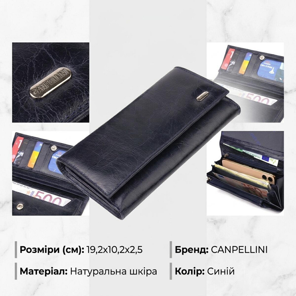 Портмоне для жінок з монетницею з натуральної шкіри CANPELLINI 21533 Синє Київ - фото 12