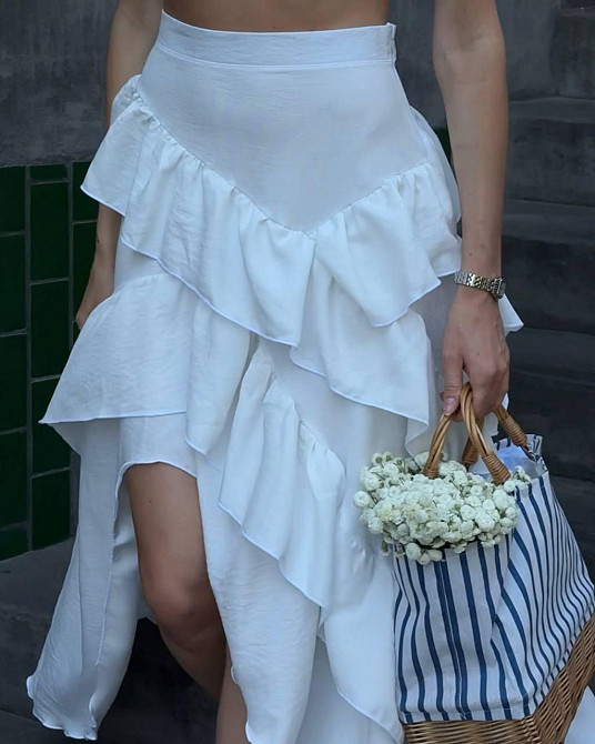 Жіноча романтична довга спідниця з воланами льон бохо Молочний, 44/46 Одеса - фото 1