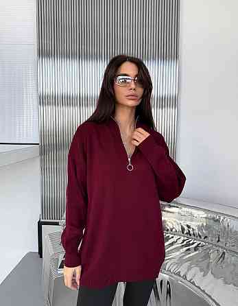 Жіночий стильний подовжений оверсайз светр зі змійкою в'язання 50% котон/50% акрил Бургунді Одеса