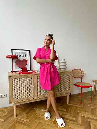 Халат жіночий літній бавовна з мусліну короткий COSY Hawaii з коротким рукавом на запах з кишенями малиновий Одеса