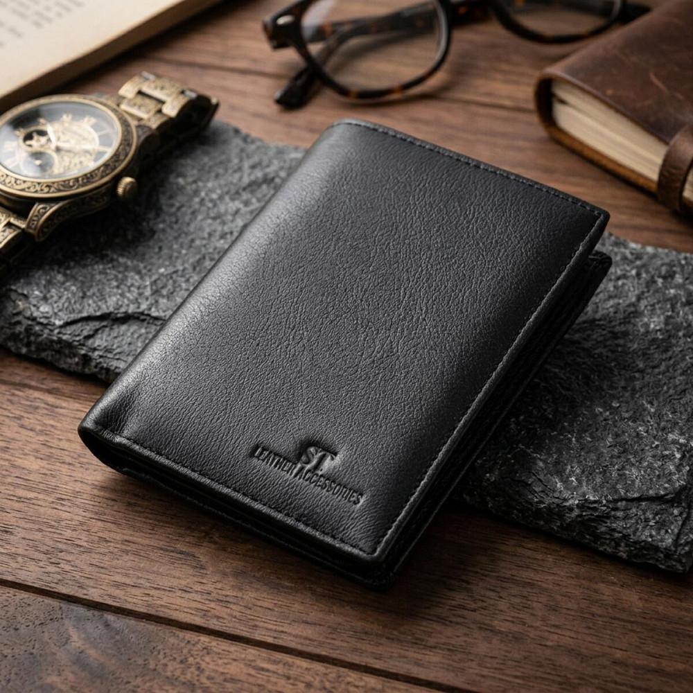 Чоловіче шкіряне портмоне для карток купюр та монет ST Leather 22733 Чорне Київ - фото 11