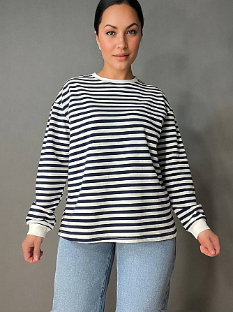Лонгслив женский TEXTURE 1255 реглан полосатый трикотажный оверсайз крой one size, темно-синий, one  Одесса - изображение 1