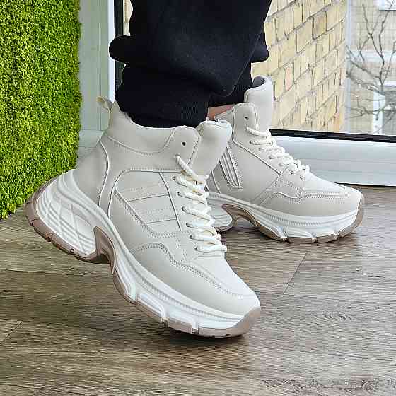 Зимові жіночі Бежеві Кросівки з МЕХОМ на Толстой Підошві Танкетке Ботинки Шкіряні Світлі (розміри: 36,37,38,39) Дніпро