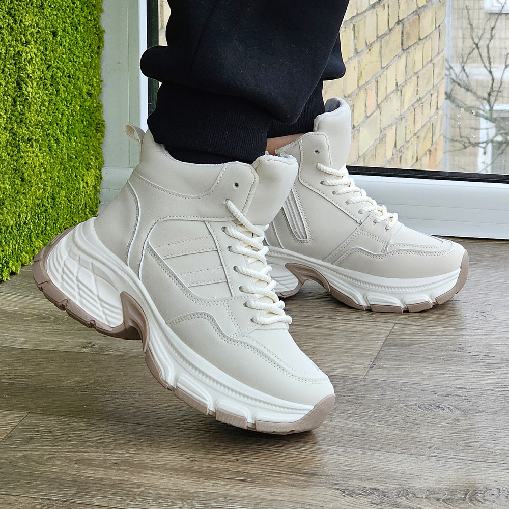 Зимові жіночі Бежеві Кросівки з МЕХОМ на Толстой Підошві Танкетке Ботинки Шкіряні Світлі (розміри: 36,37,38,39) Дніпро - фото 6