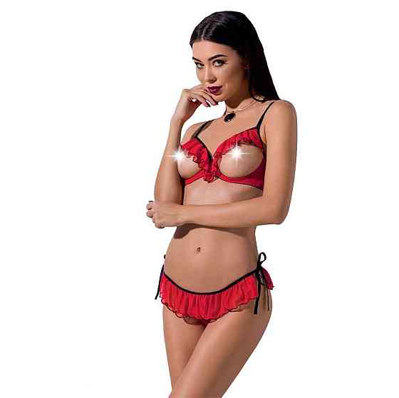 Комплект білизни Passion Exclusive CHERRY SET OpenBra S/M, red, відкритий ліф, трусики-спідничка Sex Aura Київ