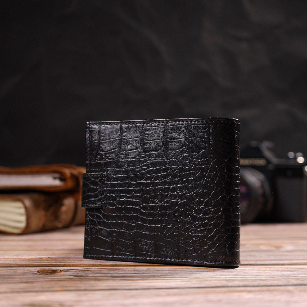 Мужской оригинальный бумажник горизонтального формата из натуральной кожи с тиснением под крокодила CANPELLINI 21768 Черный Киев - изображение 2