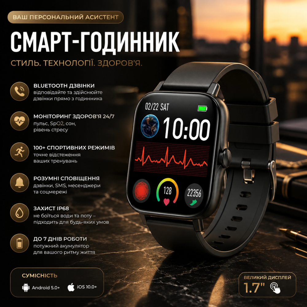 Розумний смарт-годинник EGQINR 1.7" з функцією Bluetooth-дзвінків: Ваш персональний фітнес-трекер, монітор здоров'я Київ - фото 7