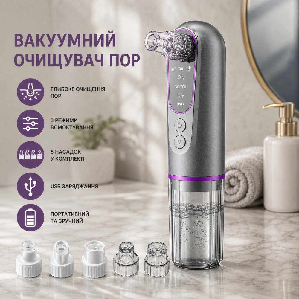 Вакуумный очиститель пор Euakee, средство для удаления черных точек, 5 насадок, 3 режима всасывания, USB, серый Киев - изображение 1