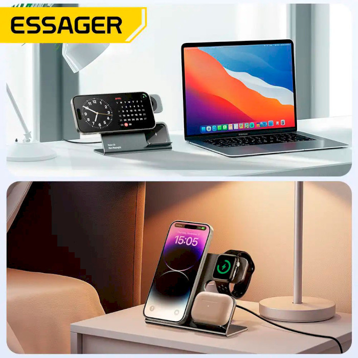 Бездротовий мультизарядний пристрій Essager Ruicheng desktop magnetic suction 15W (3 in 1) black Одеса - фото 4